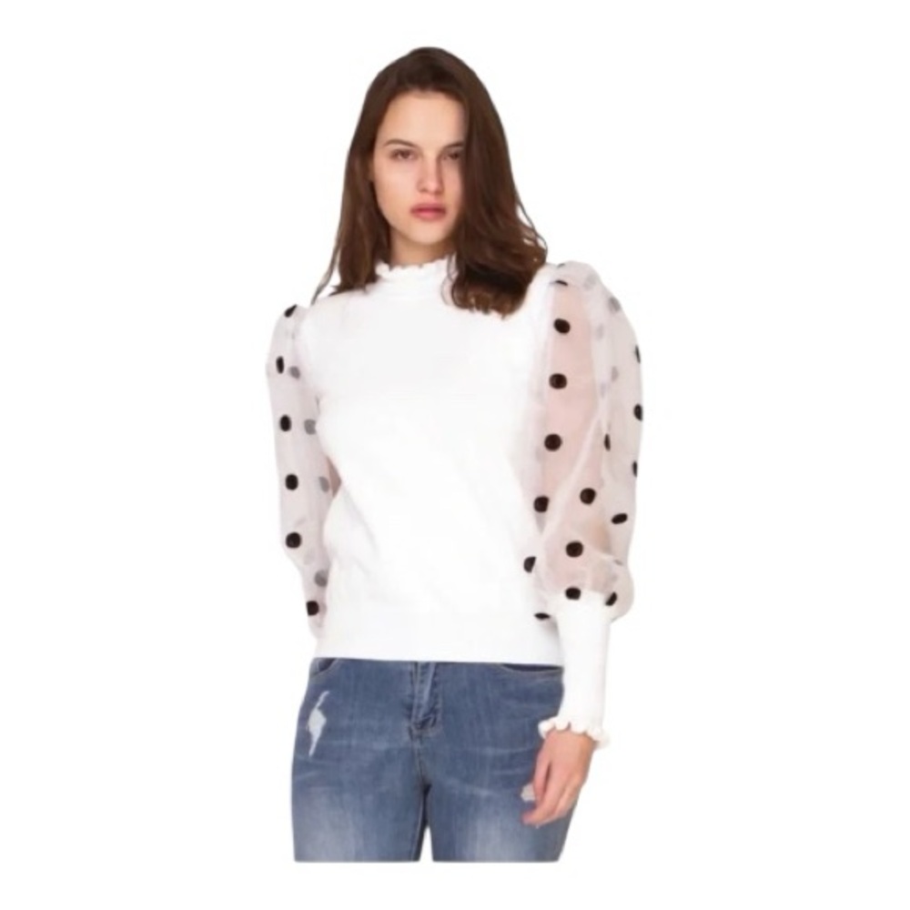 GRACIA White Sweater with Sheer Polka Dot Puff Sleeves